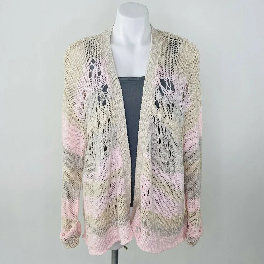 WILDFOX Sweater Cardigan Women XS Pink Distressed Striped Open Knit oversized